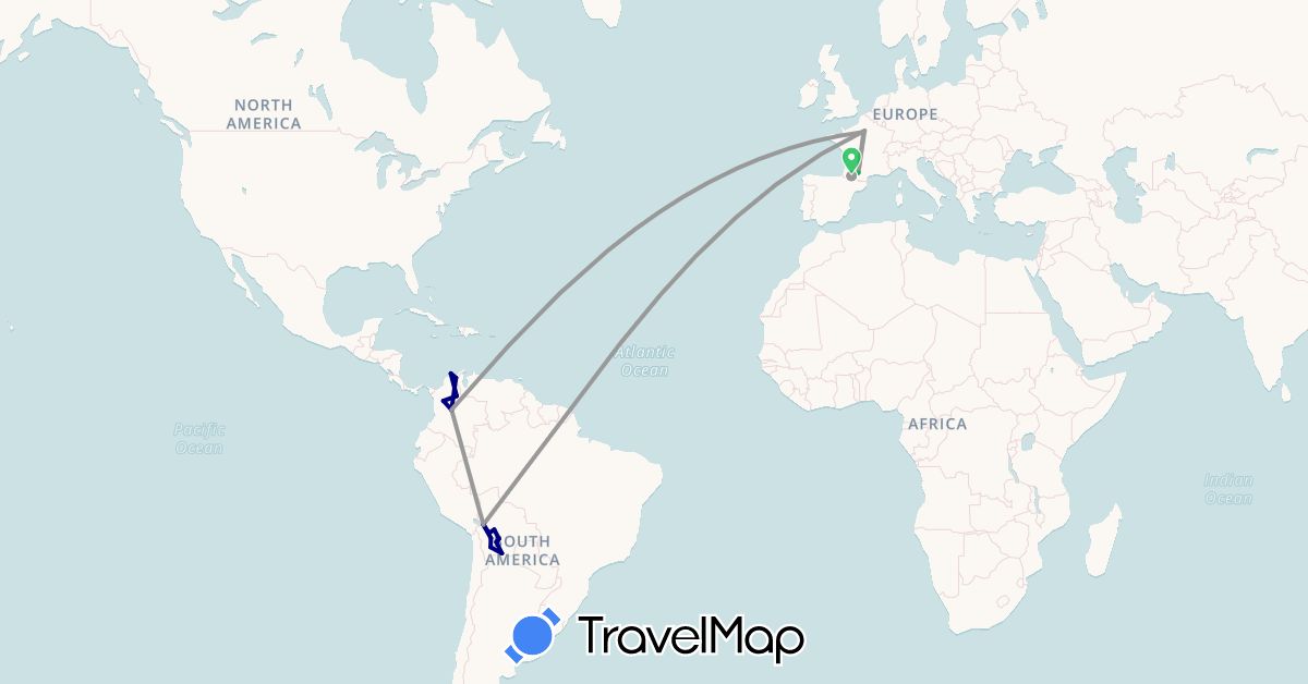 TravelMap itinerary: driving, bus, plane in Bolivia, Colombia, France (Europe, South America)
